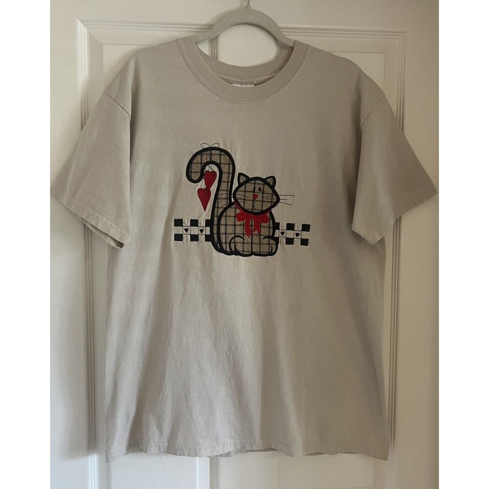 Vtg 90s Plaid Cat Graphic T-Shirt L Gildan Ultra Cotton Heavyweight Folk Art Tee